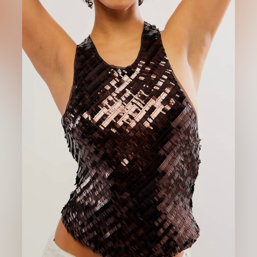 Free People Brown / Black Disco Fever Sequin Mesh Top - Size S